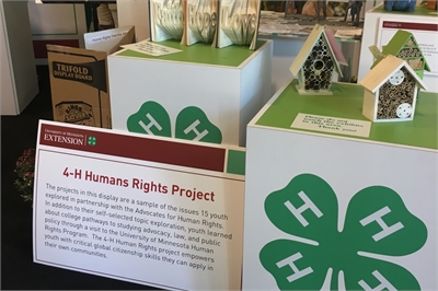 [ai] An exhibit featuring the 4-H Humans Rights Project, showcasing various projects by youth. A sign with red text provides information about the projects, alongside decorative items and a green four-leaf clover logo.